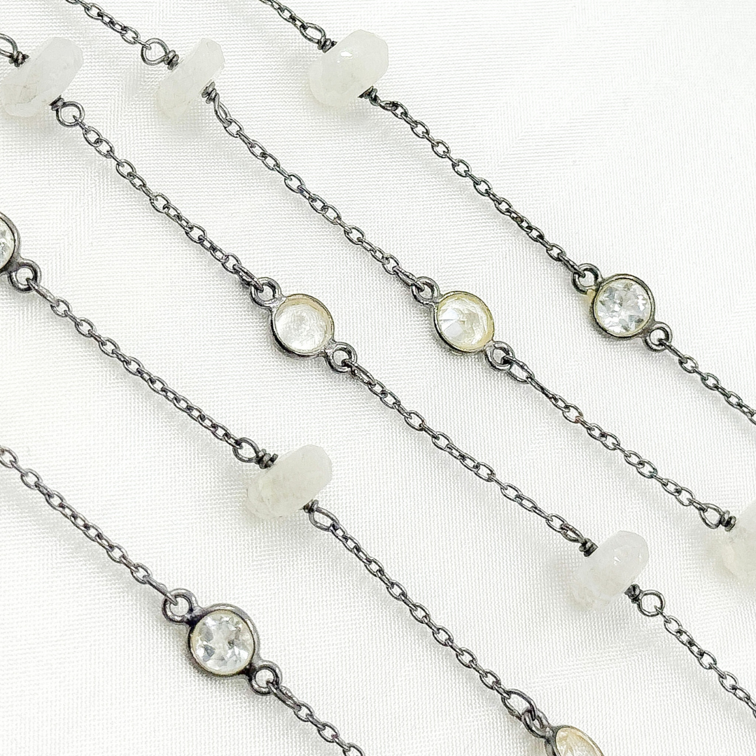 Moonstone Rondel Shape & White Topaz Oxidized Connected Wire Chain. MS32