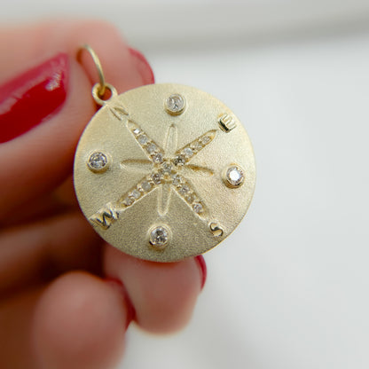 14k Solid Gold Diamond Medallion Compass Charm. GDP291