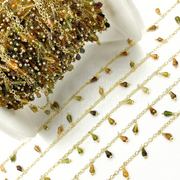 Multi Tourmaline Drop Dangle Gold Plated Wire Chain.