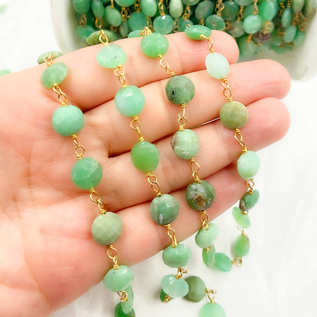 Chrysoprase Coin Shape Gold Plated Wire Chain. CHR16