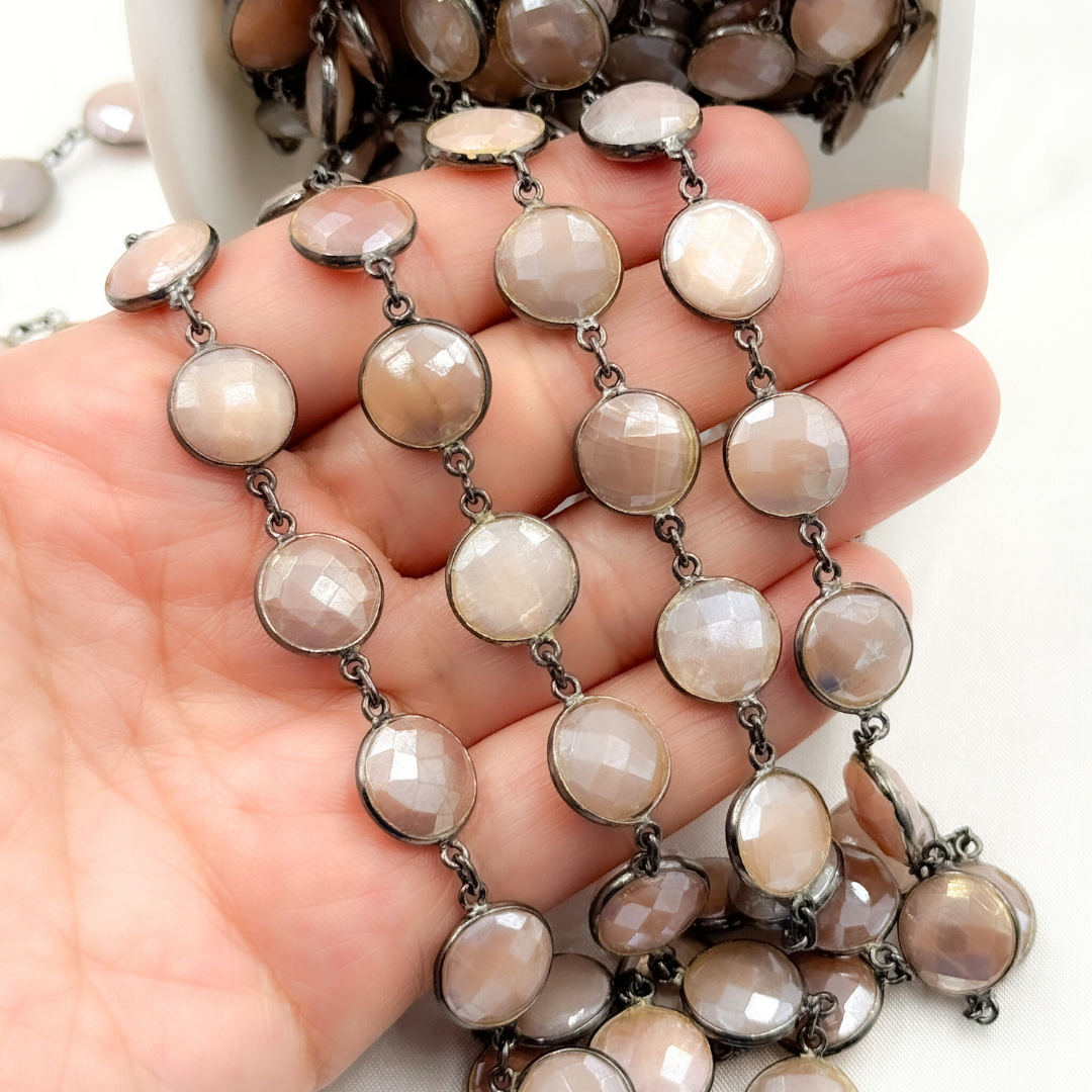 Coated Peach Moonstone Round Shape Bezel Oxidized Wire Chain. CMS111