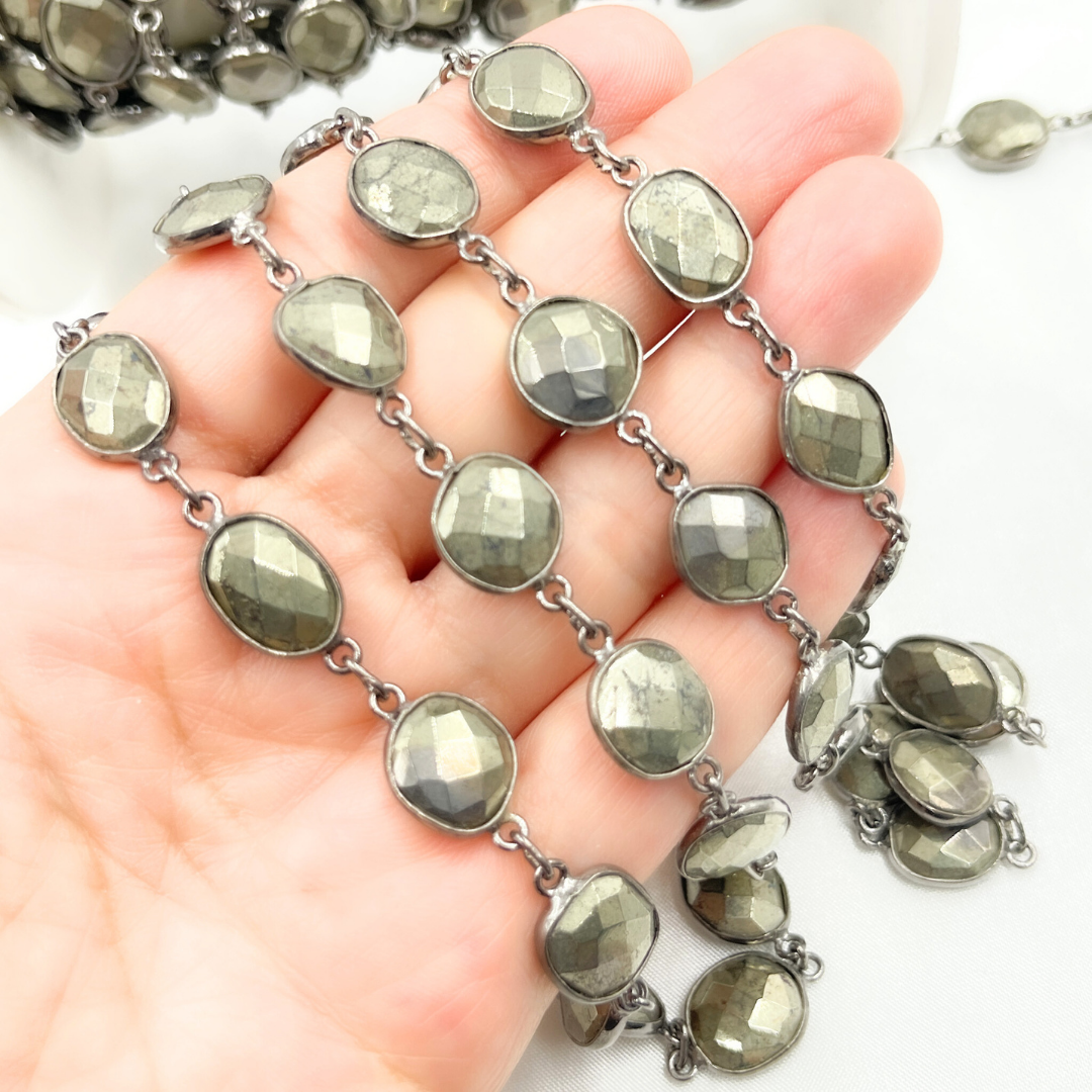 Pyrite Organic Shape Bezel Oxidized Wire Chain. PYR62