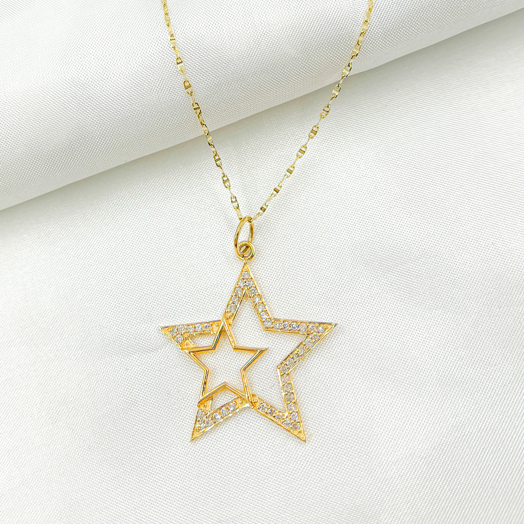 14K Solid Gold Diamonds Double Star Charm. GDP79