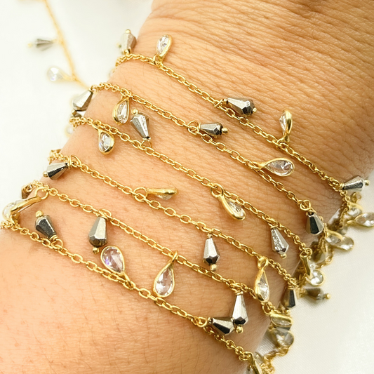 Steel Pyrite Drop & CZ Pear Shape Dangle Oxidized Wire Chain.