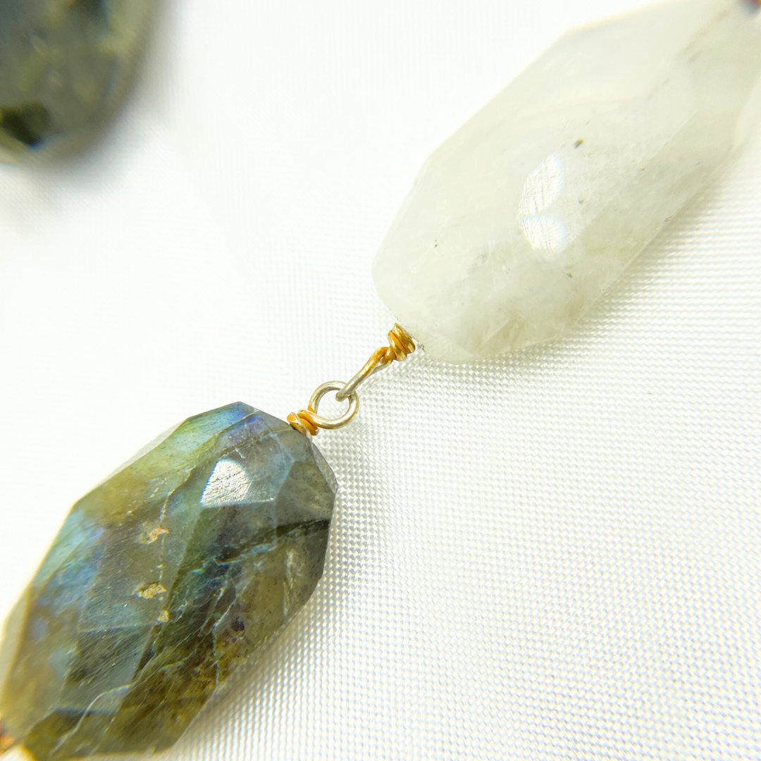 Labradorite & White Rainbow Organic Moonstone Gold Plated Wire Chain. LMS3