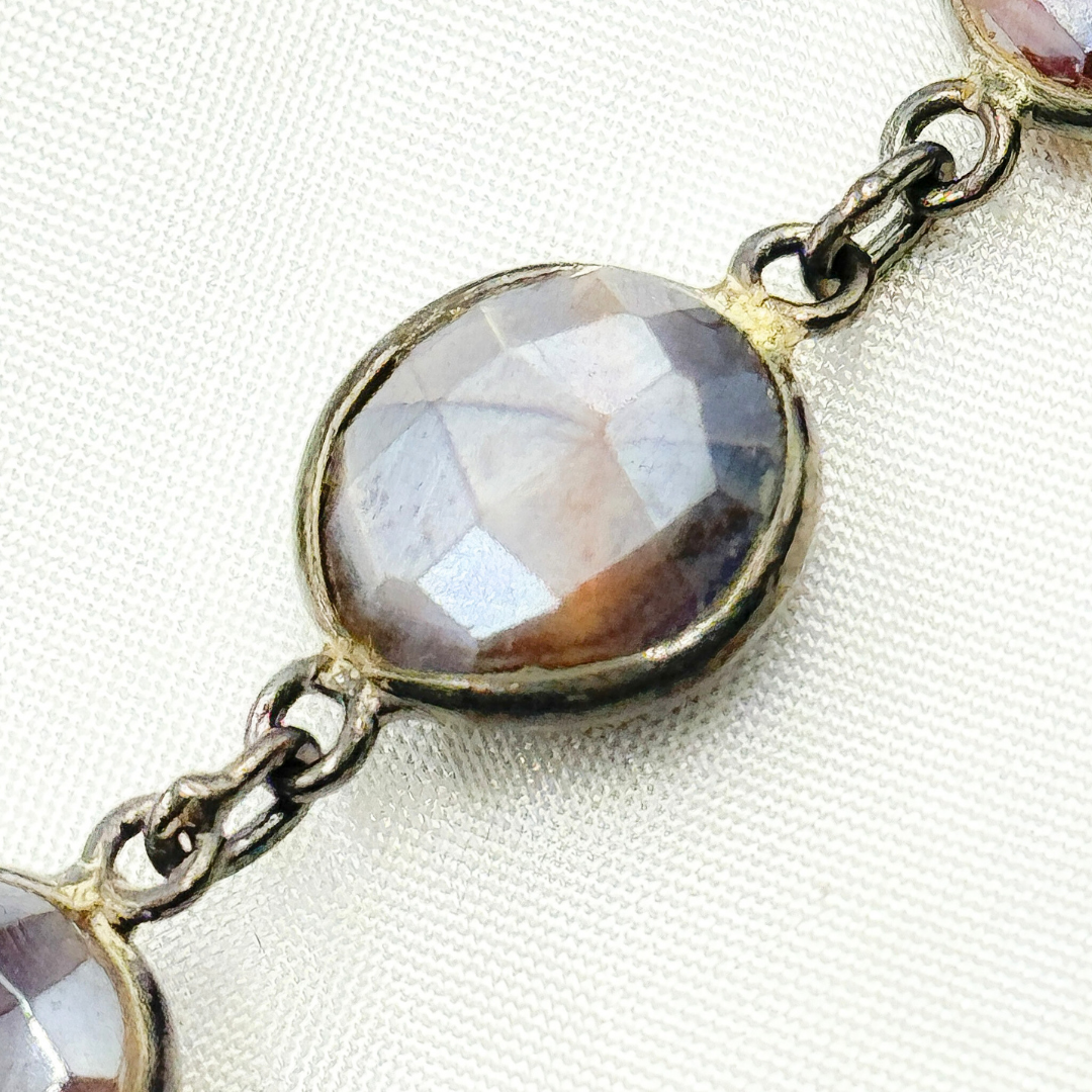 Coated Chocolate Moonstone Round Shape Bezel Oxidized Wire Chain. CMS14