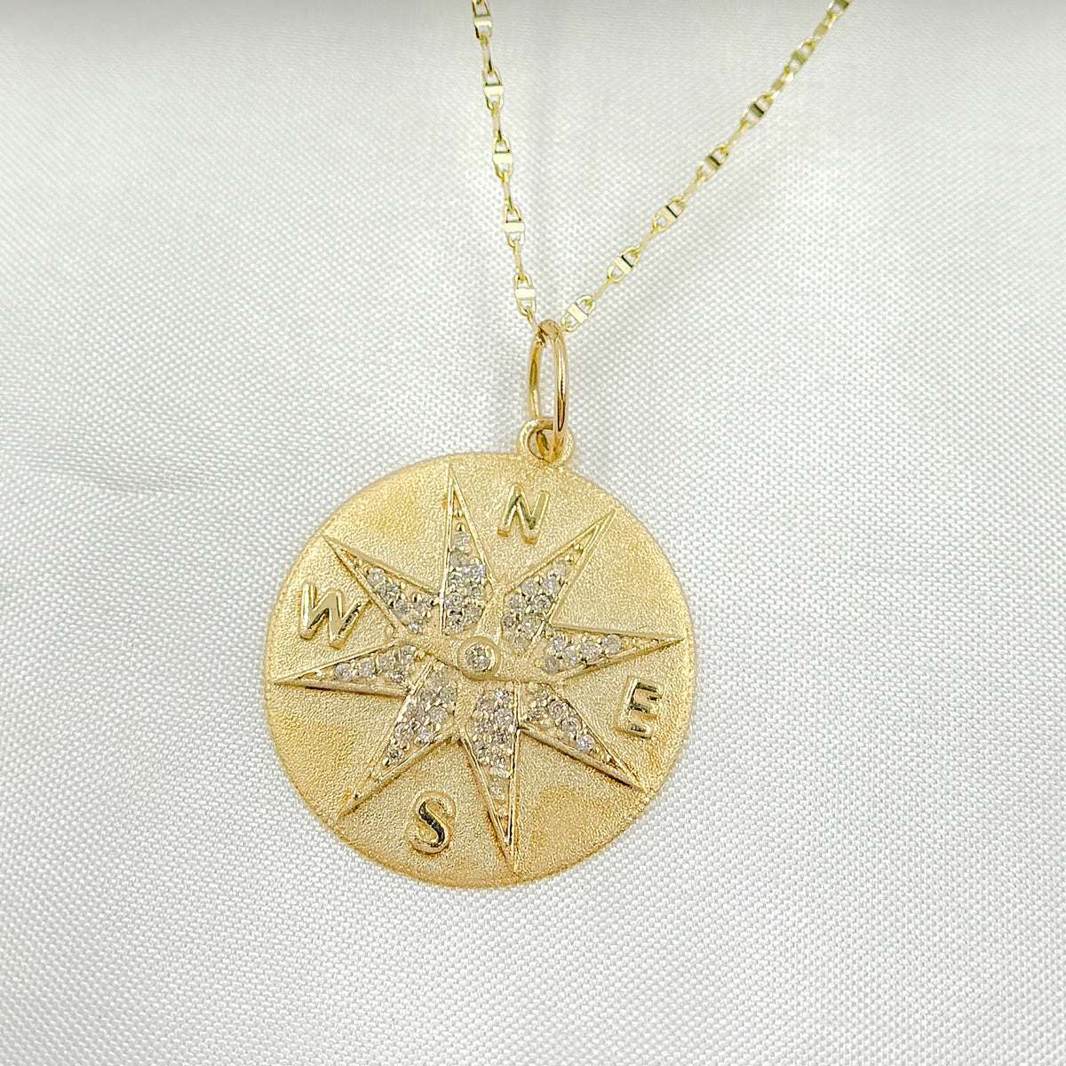 14k Solid Gold Diamond Medallion Compass Charm. CGDP12