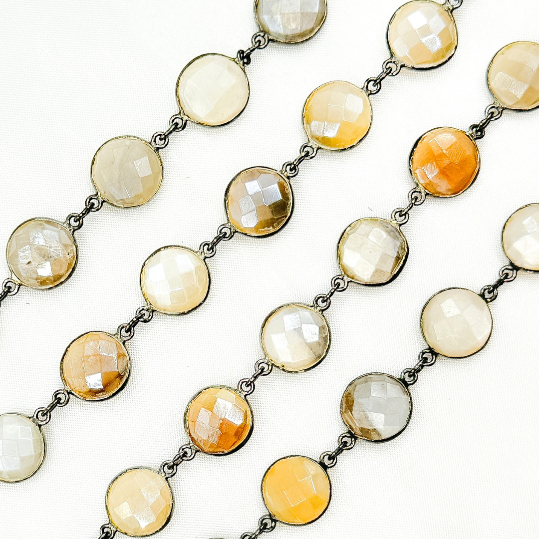 Coated White Moonstone Round Shape Bezel Oxidized Wire Chain. CMS15