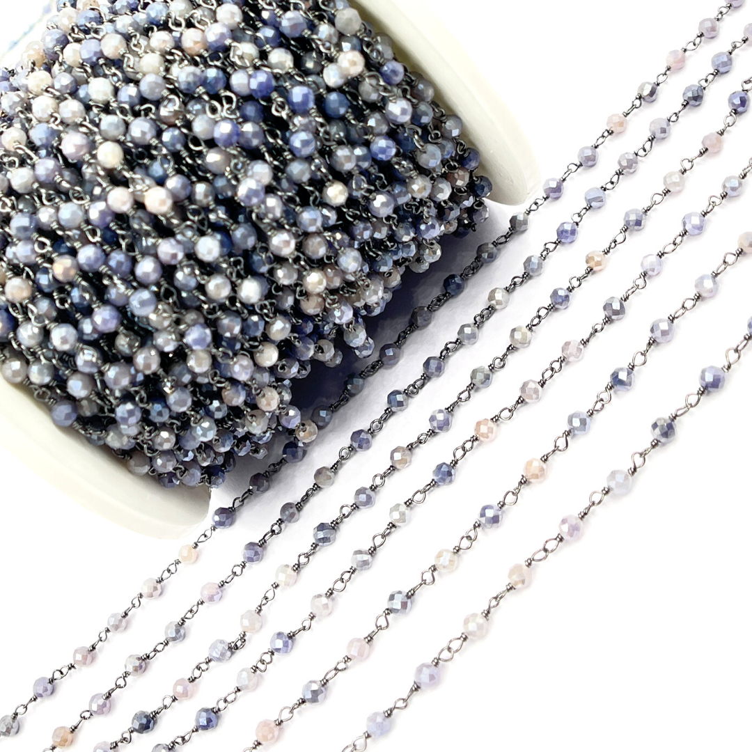 Coated Blue Moonstone Black Rhodium 925 Sterling Silver Wire Chain. CMS53