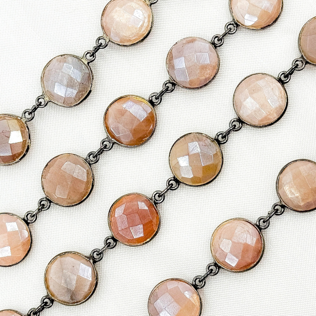 Coated Peach Moonstone Round Shape Bezel Oxidized Wire Chain. CMS111