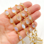 Load image into Gallery viewer, White Moonstone Organic Shape Bezel Gold Plated Wire Chain. WMS14
