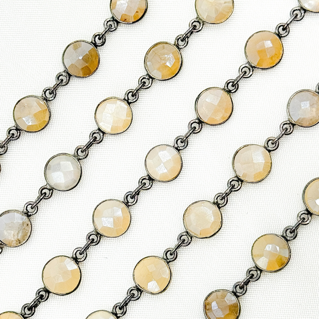 Coated White Moonstone Round Shape Bezel Oxidized Wire Chain. CMS101