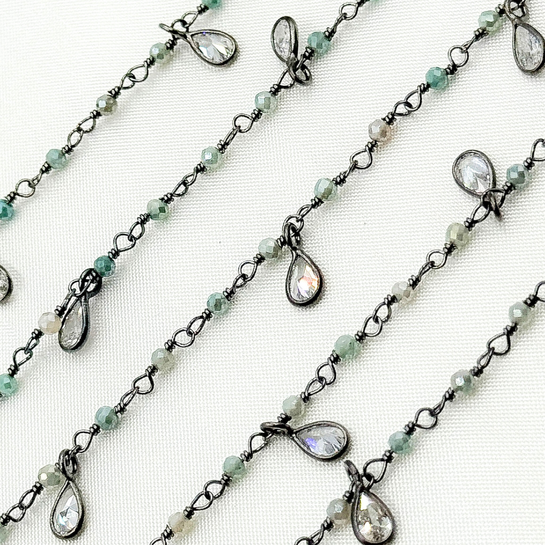 Coated Green Quartz & CZ Dangle Oxidized Wire Chain. CQU44