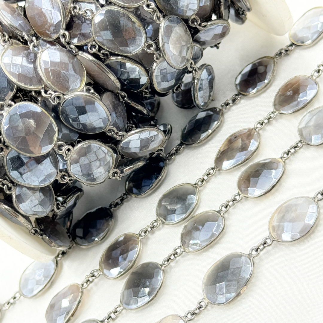 Coated Grey Moonstone Organic Shape Bezel Oxidized Wire Chain. CMS3