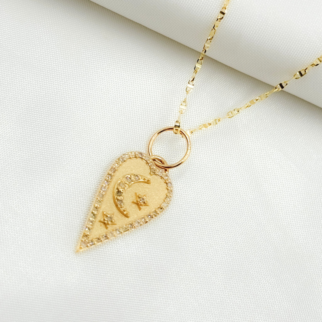 14K Solid Gold Diamond Heart Charm with Moon and Stars. GDP518