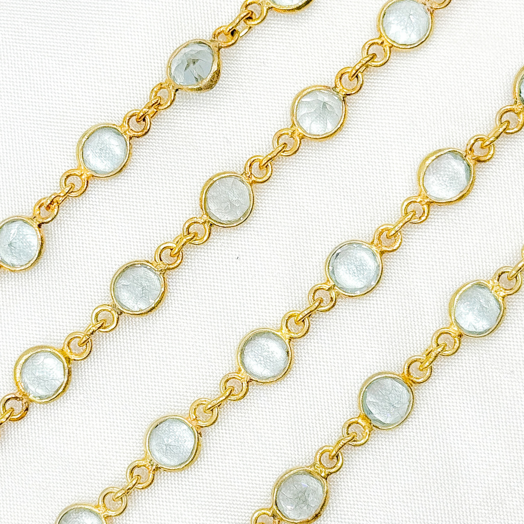 Sky Blue Topaz Round Shape Bezel Gold Plated Wire Chain.