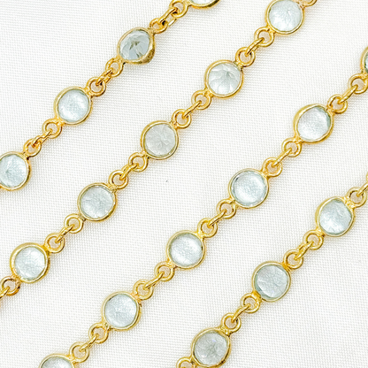 Sky Blue Topaz Round Shape Bezel Gold Plated Wire Chain.