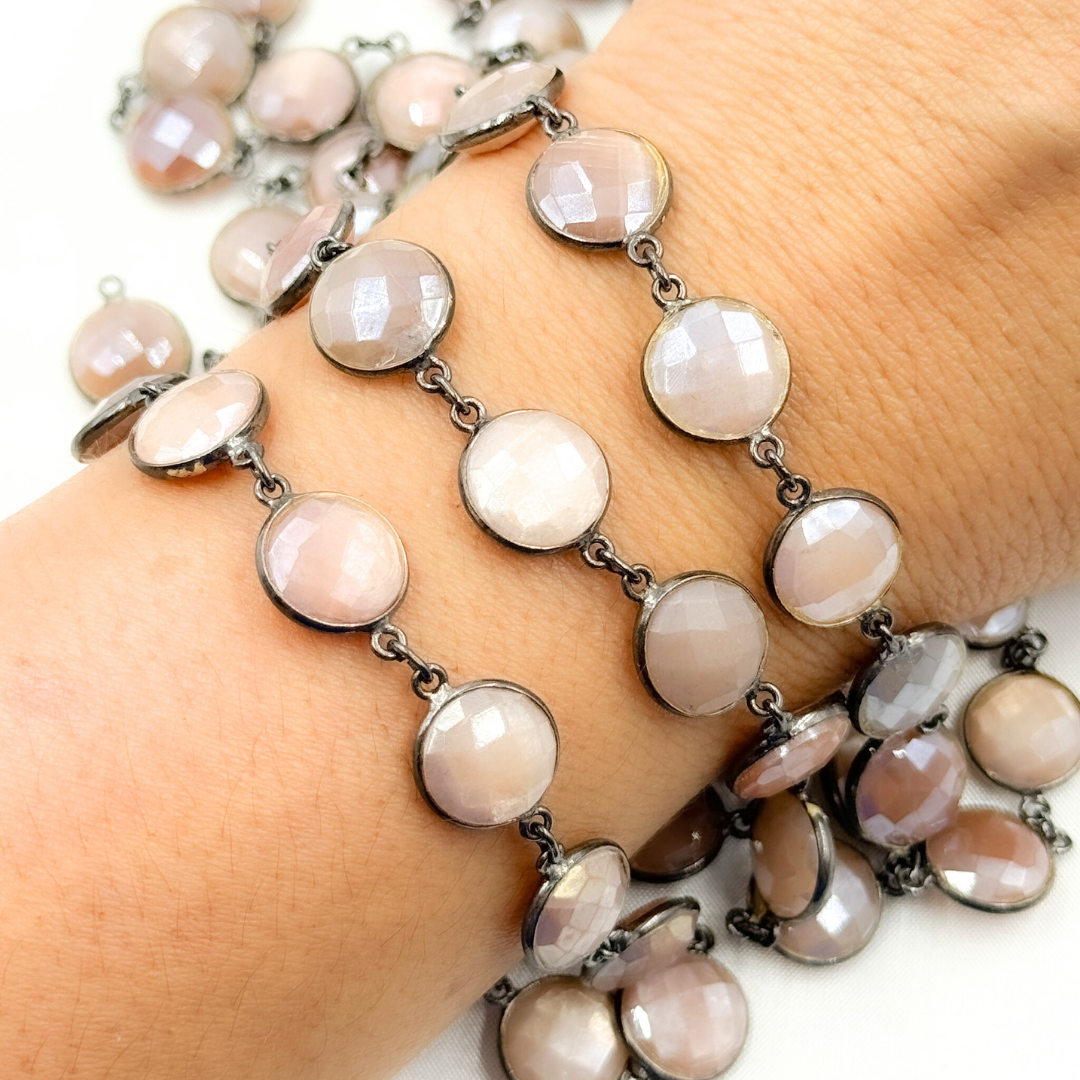 Coated Peach Moonstone Round Shape Bezel Oxidized Wire Chain. CMS111