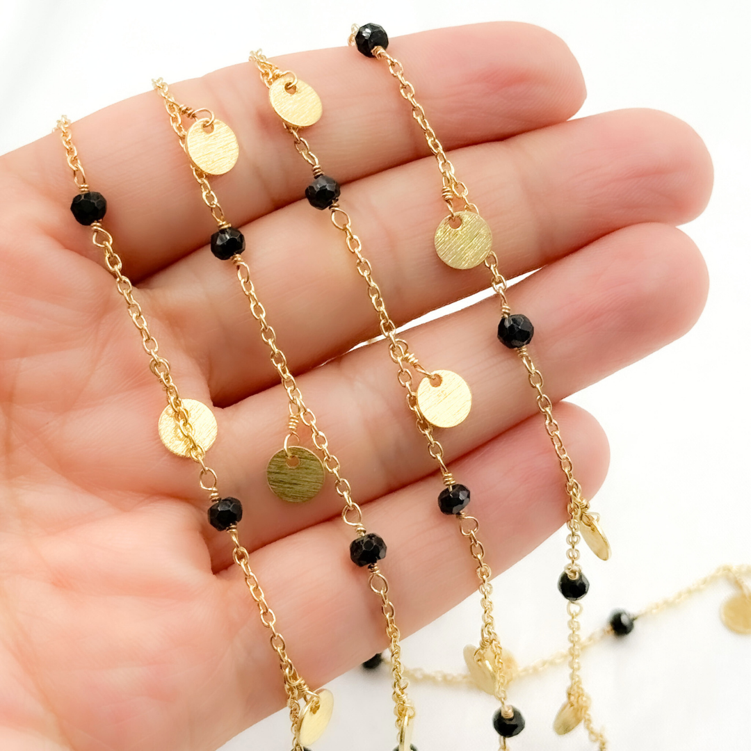 Black Spinel and Dangle Disc Gold Plated Wire Chain. BSP34