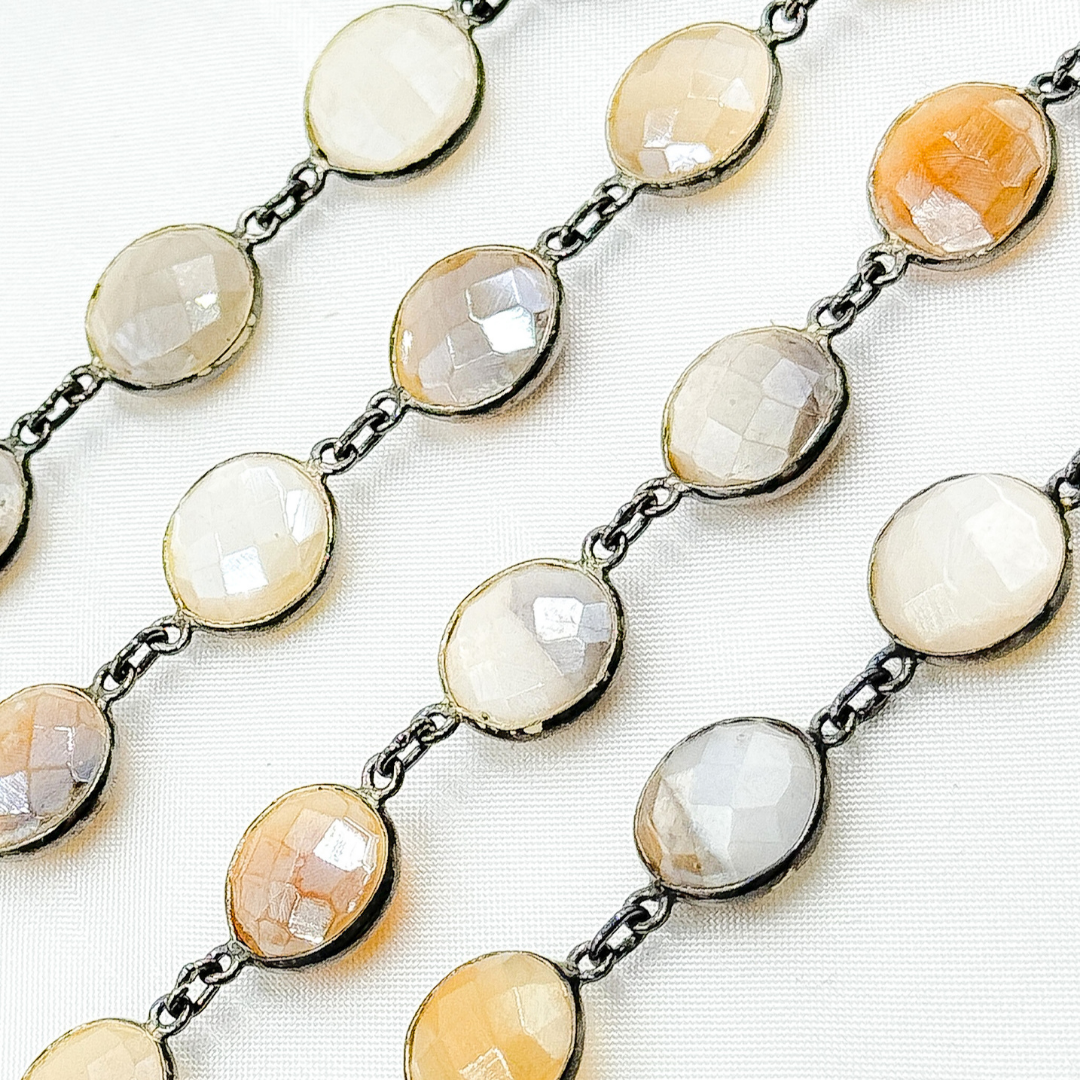 Coated White Moonstone Round Shape Bezel Oxidized Wire Chain. CMS15