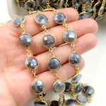 Load image into Gallery viewer, Coated Grey Moonstone Round Shape Bezel Gold Plated Wire Chain. CMS22
