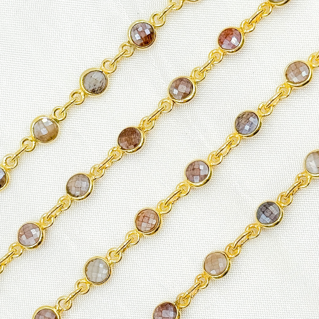 Coated Moonstone Round Shape Bezel Gold Plated Wire Chain. CMS20