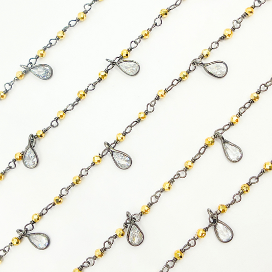 Golden Pyrite & CZ Dangle Oxidized Wire Chain. PYR58