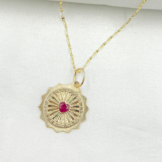14k Solid Gold Diamond and Ruby Heart Circle Charm. GDP571
