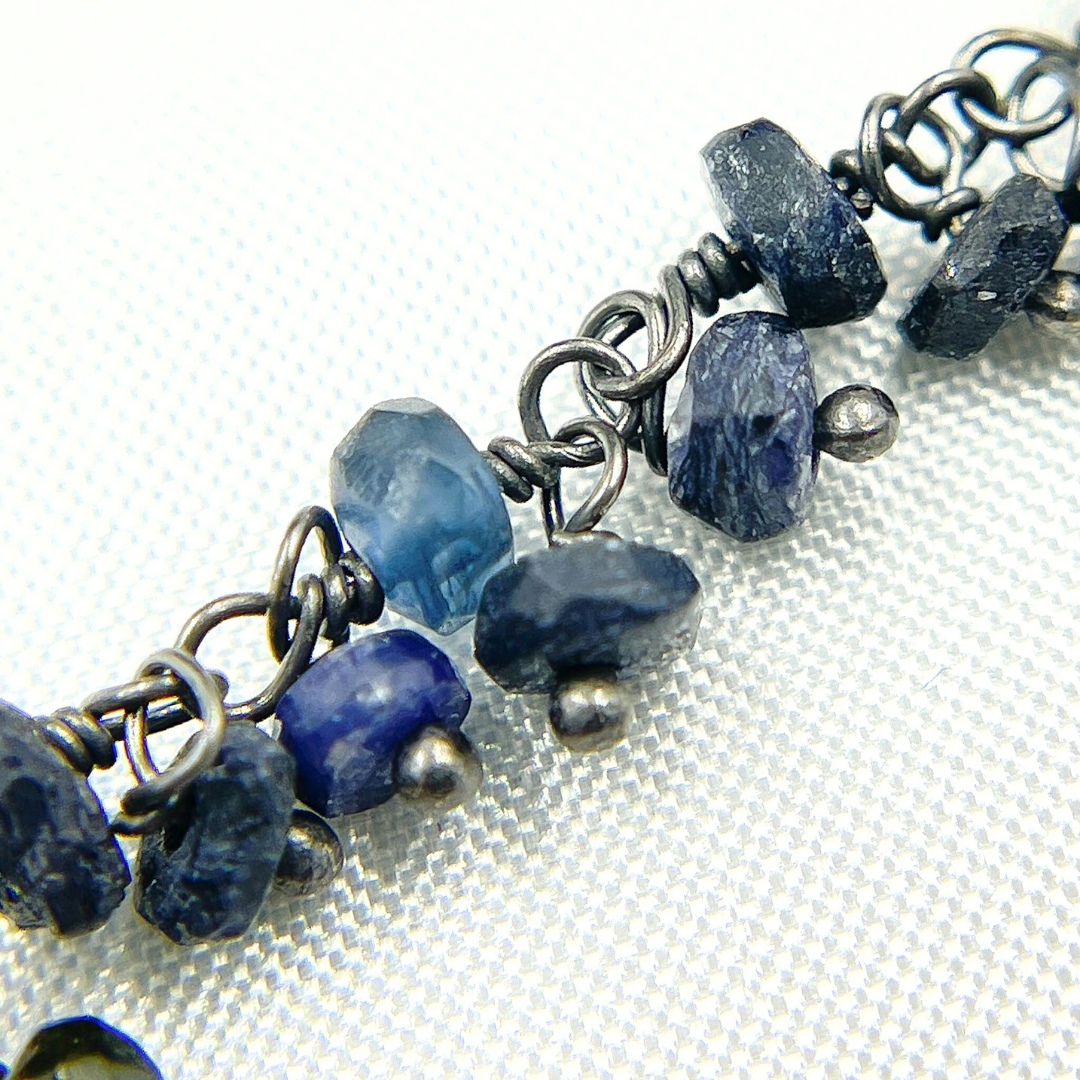 Dyed Blue Sapphire Cluster Dangle Oxidized Wire Chain. SAP11