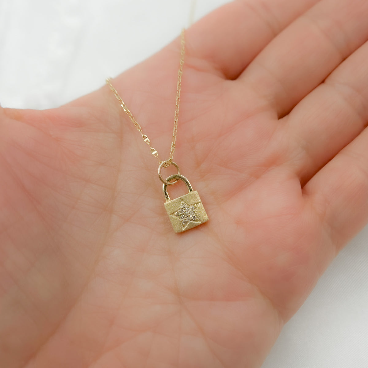 14K Solid Gold Lock Charm with Diamond Star in the Center. GDP388