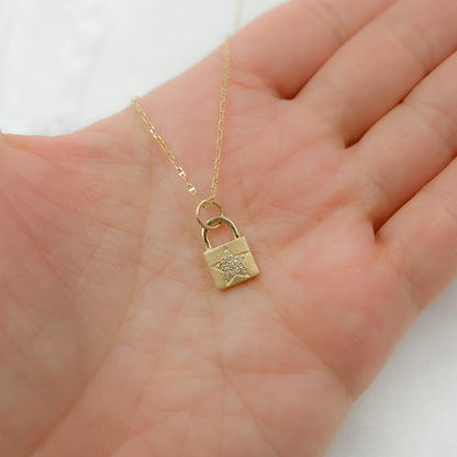 14K Solid Gold Lock Charm with Diamond Star in the Center. GDP388