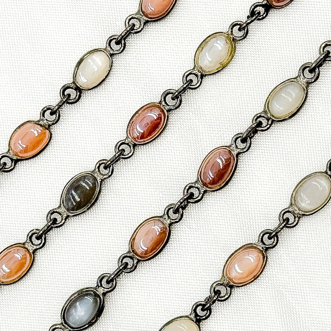 Coated Multi Moonstone Oval Shape Bezel Oxidized Wire Chain. CMS106