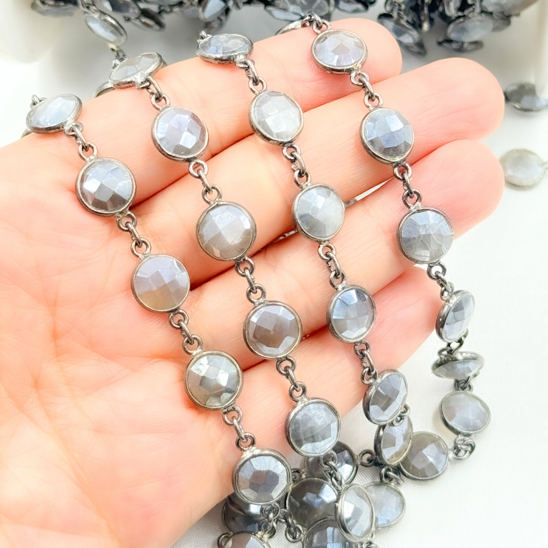 Coated Grey Moonstone Round Shape Bezel Oxidized Wire Chain. CMS104