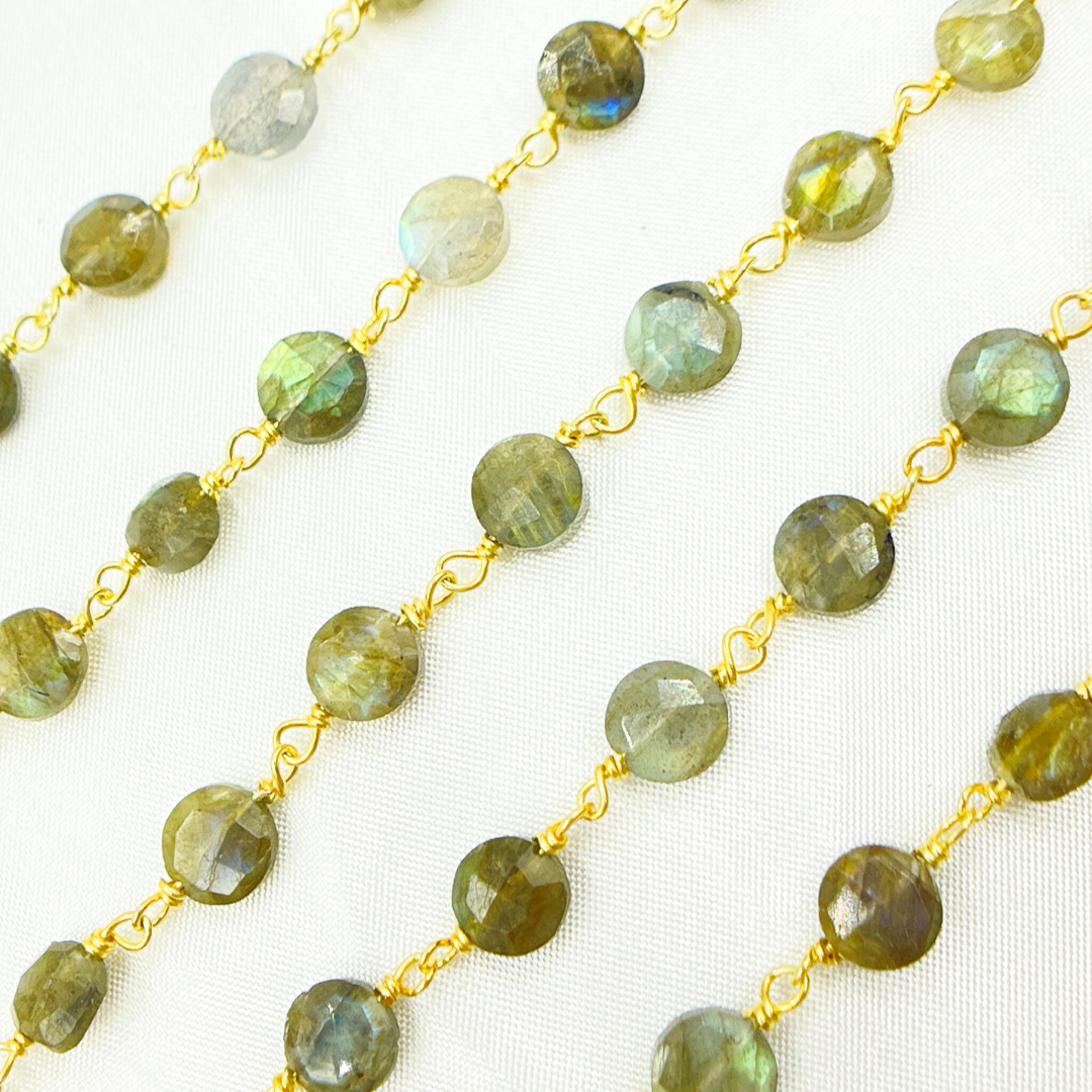 Labradorite Coin Shape Gold Plated Wire Chain. LAB82
