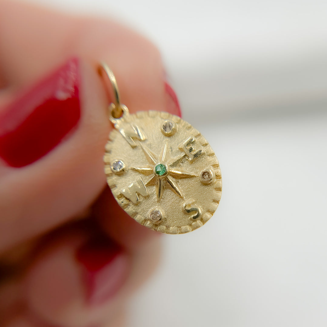 14k Solid Gold Diamond and Emerald Oval Compass Charm. GDP499