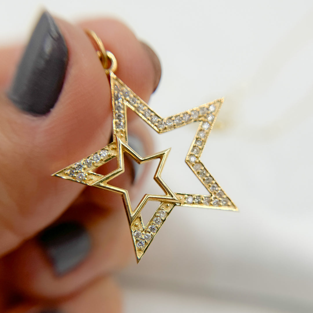 14K Solid Gold Diamonds Double Star Charm. GDP79