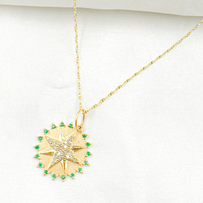 GDP618. 14k Solid Gold Diamond & Emerald Circle Charm