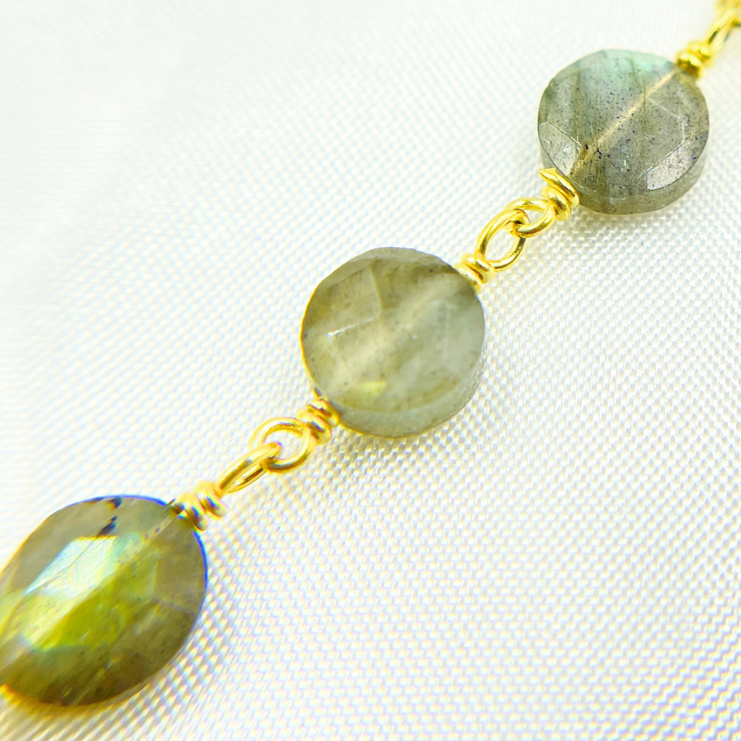 Labradorite Coin Shape Gold Plated Wire Chain. LAB82