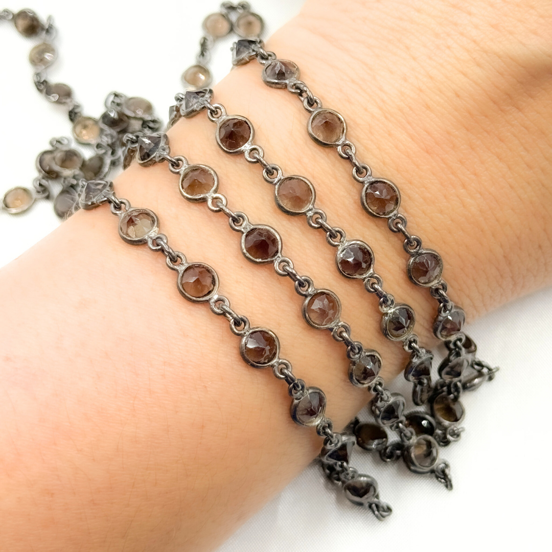 Smoky Quartz Round Shape Bezel Oxidized Wire Chain. SMQ2