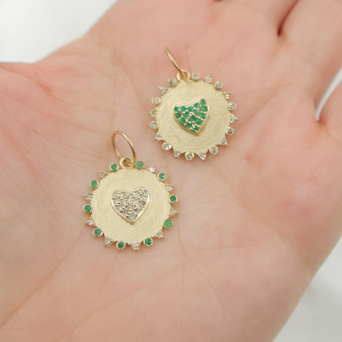 14k Solid Gold Diamond and Emerald Circle Heart Charm. GDP650