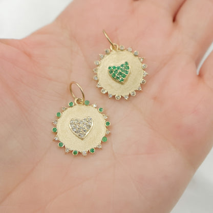 14k Solid Gold Diamond and Emerald Circle Heart Charm. GDP650