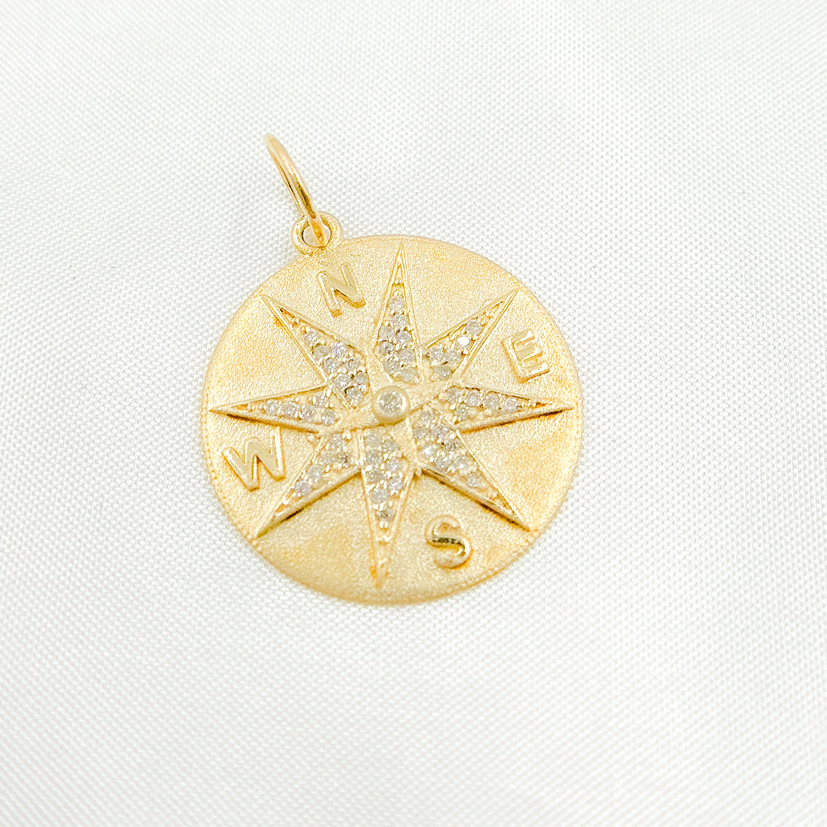 14k Solid Gold Diamond Medallion Compass Charm. CGDP12