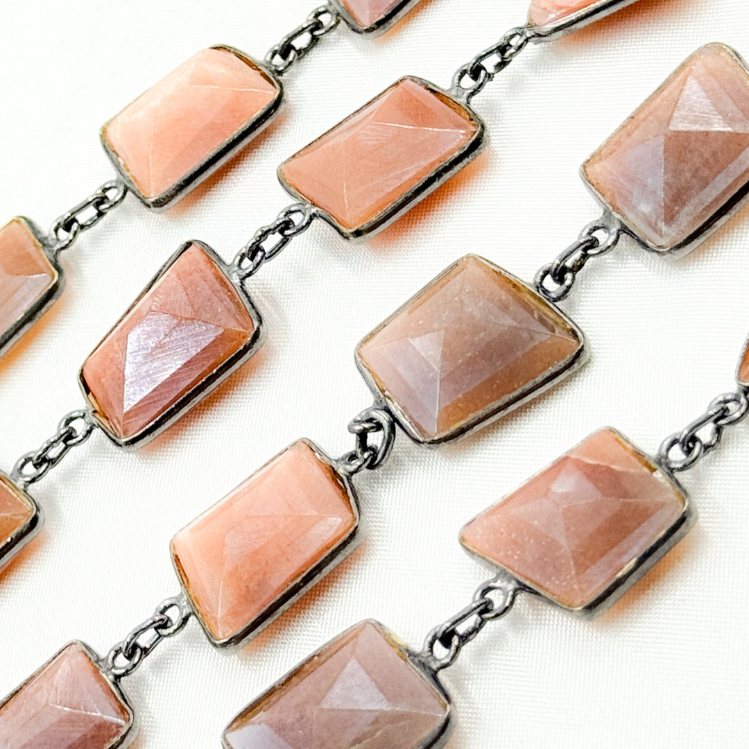 Coated Peach Moonstone Mix Shape Bezel Oxidized Wire Chain. CMS12