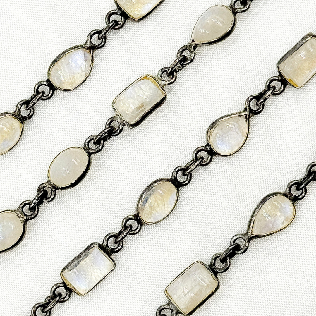 White Moonstone Mix Shape Bezel Oxidized Wire Chain. WMS39