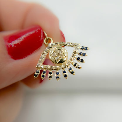 14K Solid Gold Evil Eye Pendant with Diamonds & Stone. GDP367