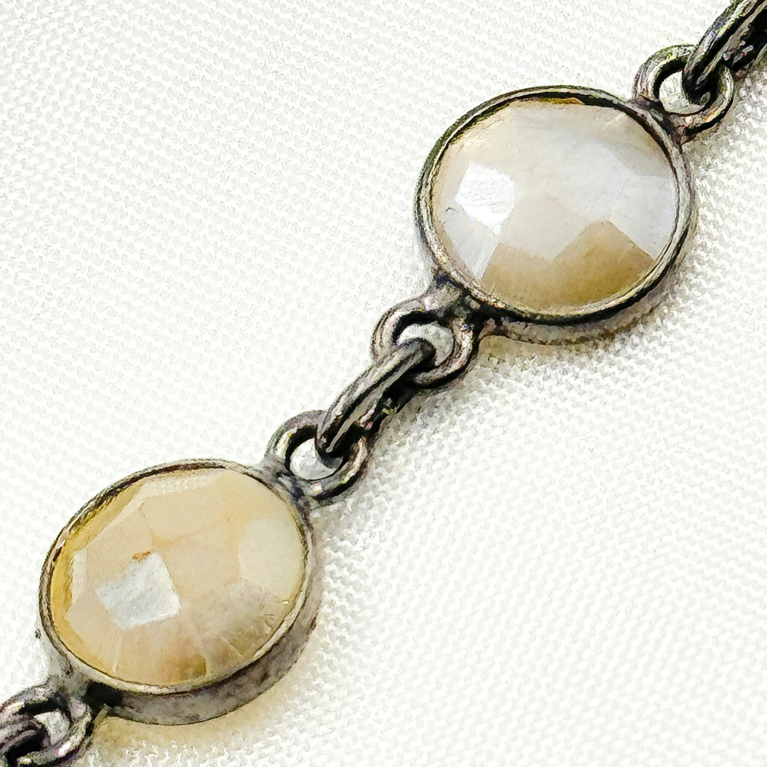 Coated White Moonstone Round Shape Bezel Oxidized Wire Chain. CMS101