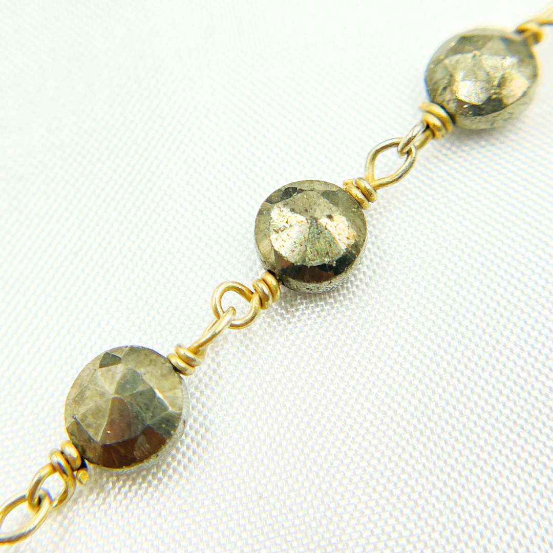 Pyrite Small Coin Shape Gold Plated Wire Chain. PYR49