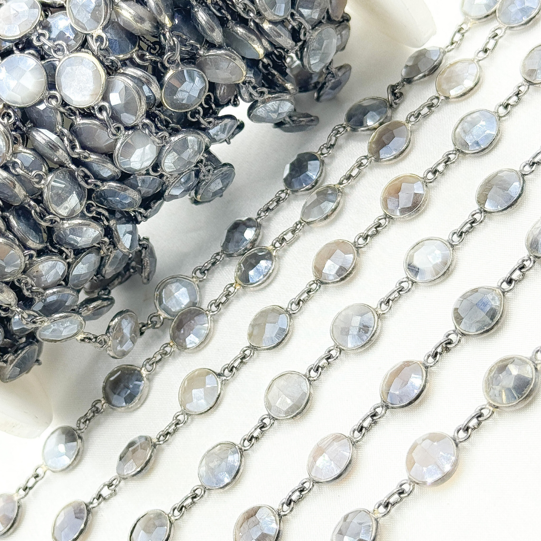 Coated Grey Moonstone Round Shape Bezel Oxidized Wire Chain. CMS104