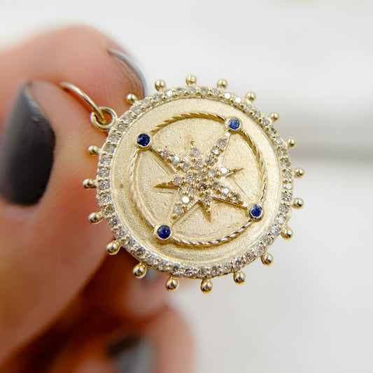 14k Solid Gold Diamond and Gemstone Star Circle Charm. GDP529