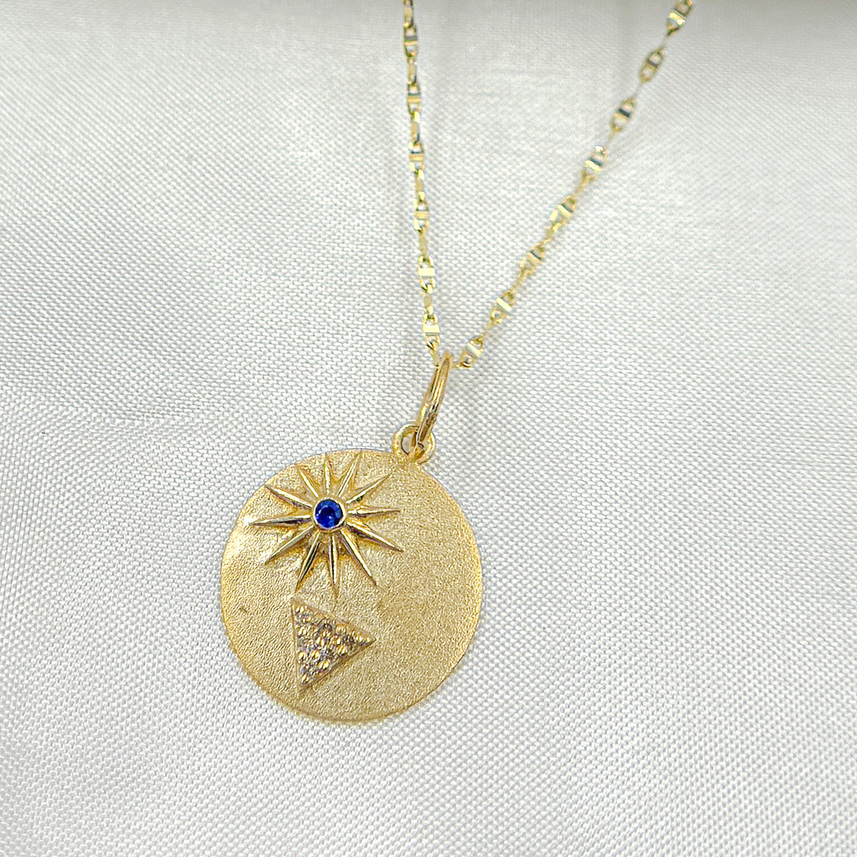 GDP546. 14K Gold Circle Charm Star and Triangle Pendant with Diamonds and Gemstone